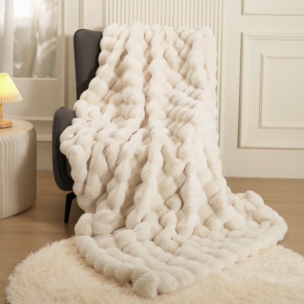 Super Comfort Oversized Warm Thick Bubble Rabbit Faux Fur Throw Blanket